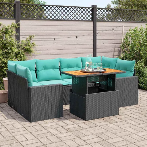 Conjunto de Sofás p/ Jardim c/ Almofadões Vime PE Preto (7 pcs)