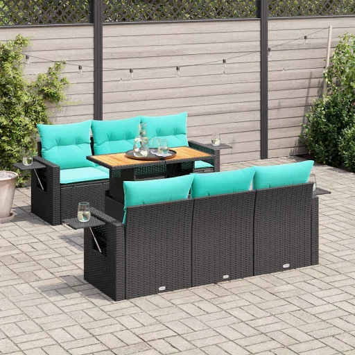 Conjunto de Sofás p/ Jardim c/ Almofadões Vime PE Preto (7 pcs)