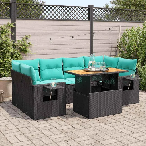 Conjunto de Sofás p/ Jardim c/ Almofadões Vime PE Preto (7 pcs)