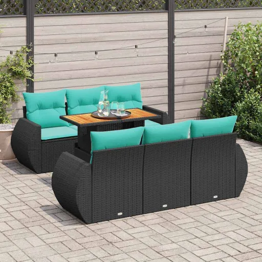 Conjunto de Sofás p/ Jardim c/ Almofadões Vime PE Preto (7 pcs)