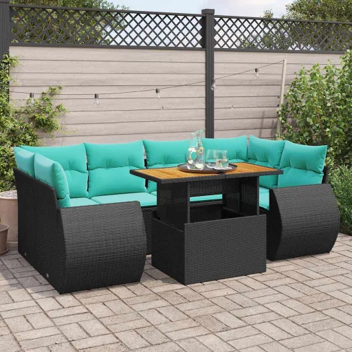 Conjunto de Sofás p/ Jardim c/ Almofadões Vime PE Preto (7 pcs)
