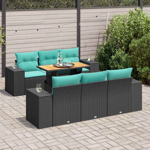 Conjunto de Sofás p/ Jardim c/ Almofadões Vime PE Preto (7 pcs)