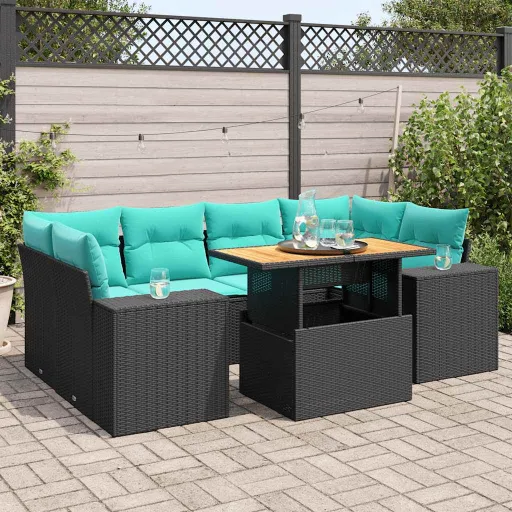 Conjunto de Sofás p/ Jardim c/ Almofadões Vime PE Preto (7 pcs)