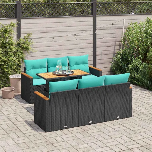 Conjunto de Sofás p/ Jardim c/ Almofadões Vime PE Preto (7 pcs)