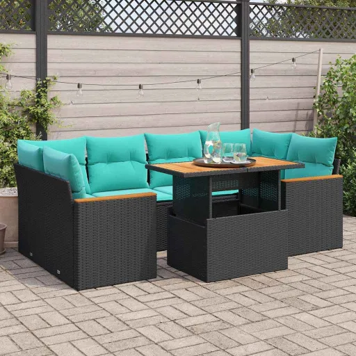 Conjunto de Sofás p/ Jardim c/ Almofadões Vime PE Preto (7 pcs)