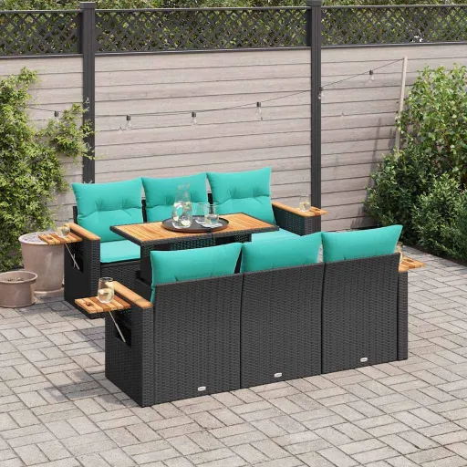 Conjunto de Sofás p/ Jardim c/ Almofadões Vime PE Preto (7 pcs)