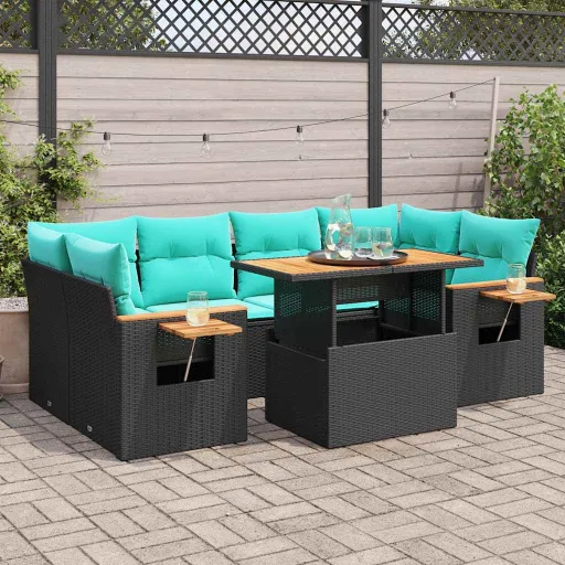 Conjunto de Sofás p/ Jardim c/ Almofadões Vime PE Preto (7 pcs)