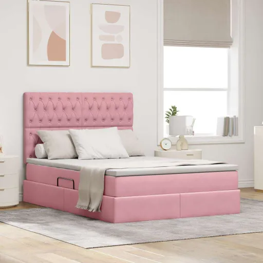 Cama com Arrumação e Colchão Rosa 140 x 190 cm Veludo