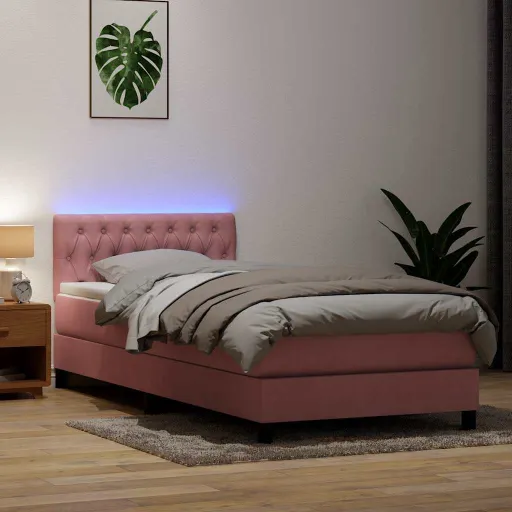Cama Box Spring c/ Colchão e LED 100x210 cm Veludo Rosa