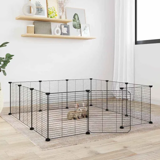 Gaiola para Animais de Estimação com 12 Painéis e Porta, Preta, 35x35 cm, Aço