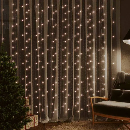 Cortina Iluminação 300 Luzes LED 3x3 m 8 Funções Branco Quente