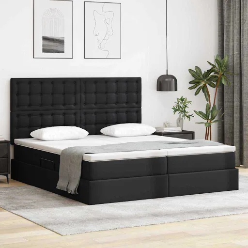 Cama com Arrumação e Colchão Preto 200 x 200 cm Couro Sintético