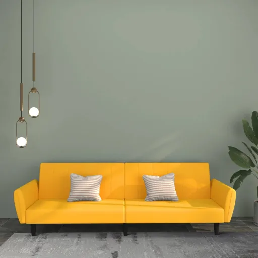 Sofá-Cama de 2 Lugares Veludo Amarelo