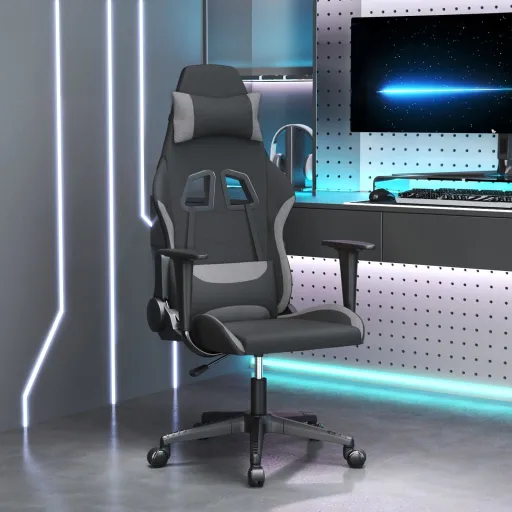 Cadeira Gaming de Massagens Tecido Preto e Cinzento-Claro