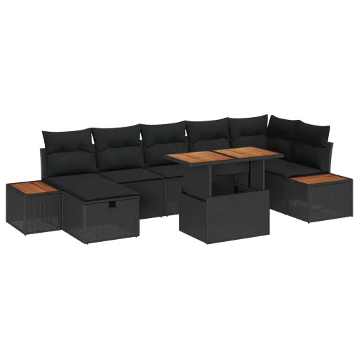 Conjunto de Sofá de Jardim com Almofada   Preto Vime PE (8 pcs)