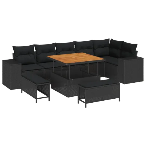 Conjunto de Sofá de Jardim com Almofada   Preto Vime PE (9 pcs)