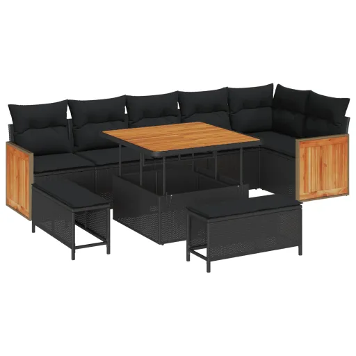 Conjunto de Sofá de Jardim com Almofada   Preto (9 pcs)