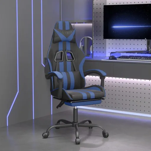 Cadeira Gaming c/ Apoio para Pés Couro Artificial Preto e Azul