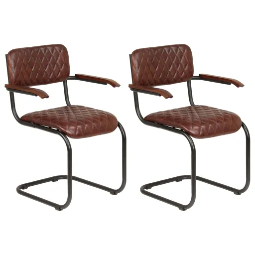 Cadeiras Jantar c/ Apoios Braços   Couro Genuíno Castanho (2 pcs)