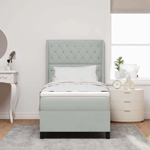 Cama Box com Cabeceira Cinzento-Claro 90 x 190 cm Veludo