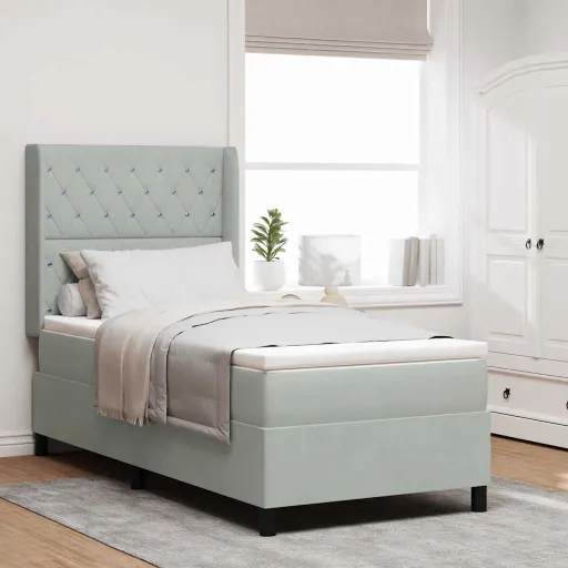Cama Box com Cabeceira Cinzento-Claro 90 x 190 cm Veludo
