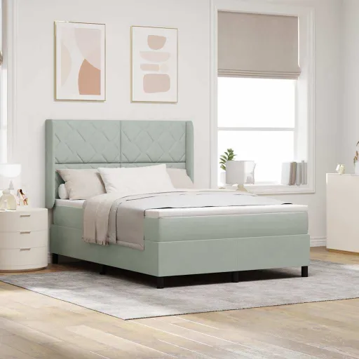 Cama Box com Cabeceira Cinzento-Claro 160 x 200 cm Veludo