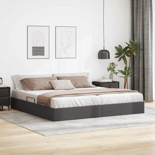 Cama com Armazenamento Cinzeto 200 x 200 cm Couro Sintético