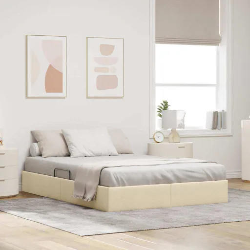 Cama com Armazenamento com Cabeceira Creme 140 x 190 cm Tecido