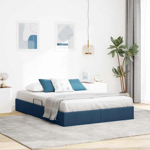 Cama com Armazenamento com Cabeceira Azul 140 x 200 cm Tecido