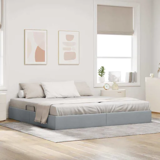 Cama com Armazenamento Cinzento-Claro 200 x 200 cm Tecido
