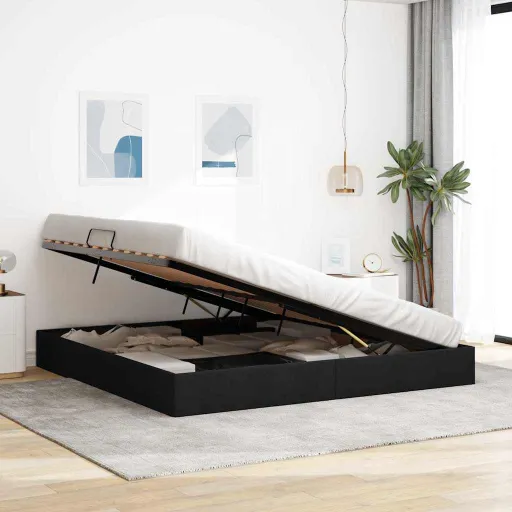 Cama com Armazenamento com Cabeceira Preto 200 x 200 cm Tecido