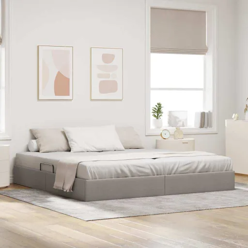 Cama com Armazenamento Cinzento-Acastanhado 200 x 200 cm Tecido