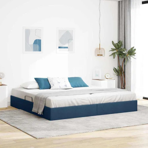 Cama com Armazenamento com Cabeceira Azul 200 x 200 cm Tecido
