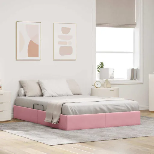 Cama com Armazenamento com Cabeceira Rosa 140 x 200 cm Veludo