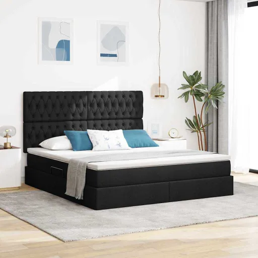 Cama com Arrumação e Colchão Preto 160 x 200 cm Tecido