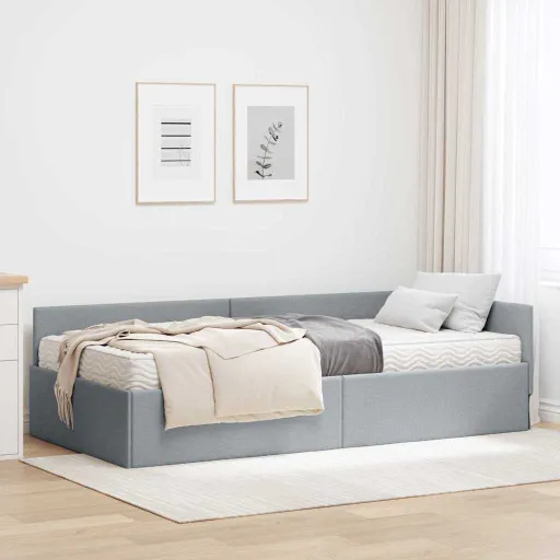 Estrutura de Cama de Canto com Colchão   Cinzento-Claro (2 pcs)