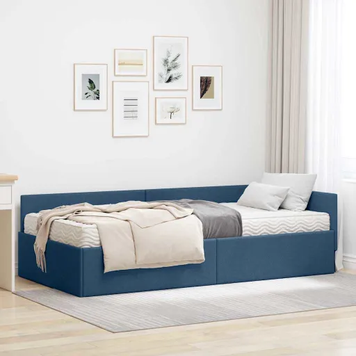 Estrutura de Cama de Canto com Colchão Outros   Azul Tecido (2 pcs)