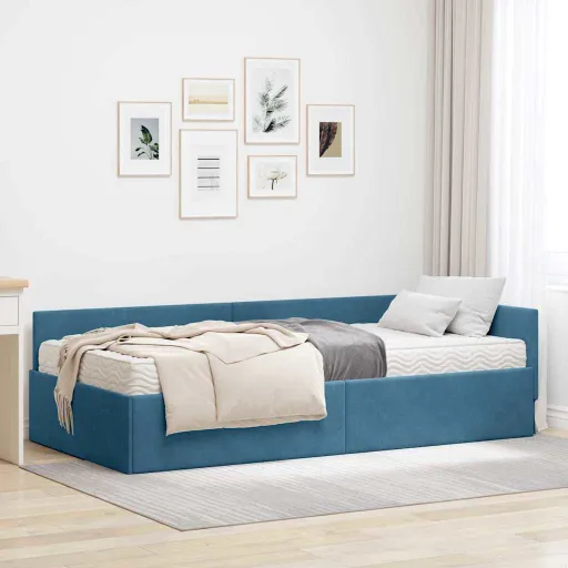 Estrutura de Cama de Canto com Colchão Outros   Azul Veludo (2 pcs)