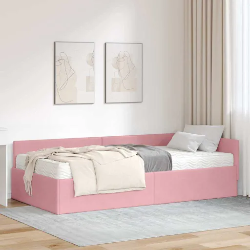 Estrutura de Cama de Canto com Colchão   Cinzeto Veludo (2 pcs)