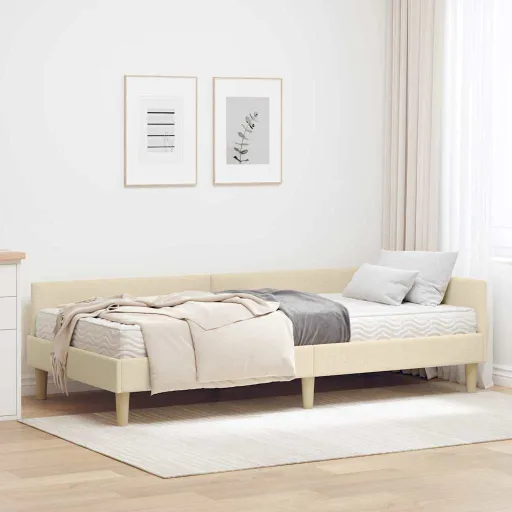 Estrutura de Cama de Canto com Colchão   Creme Tecido (2 pcs)