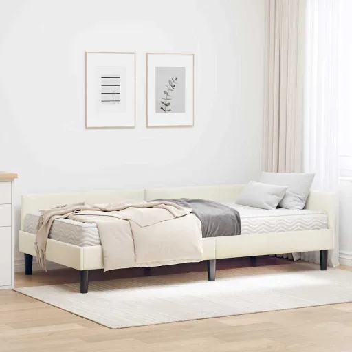 Estrutura de Cama de Canto com Colchão   Creme Veludo (2 pcs)