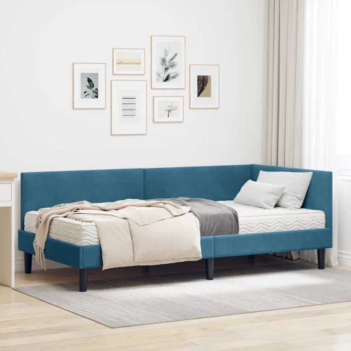 Estrutura de Cama de Canto com Colchão Outros   Azul Veludo (2 pcs)