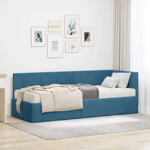 Estrutura de Cama de Canto com Colchão   Azul Veludo (2 pcs)