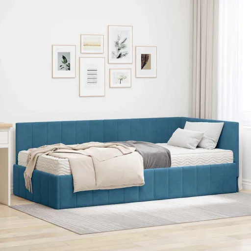 Estrutura de Cama de Canto com Colchão   Azul Veludo (2 pcs)