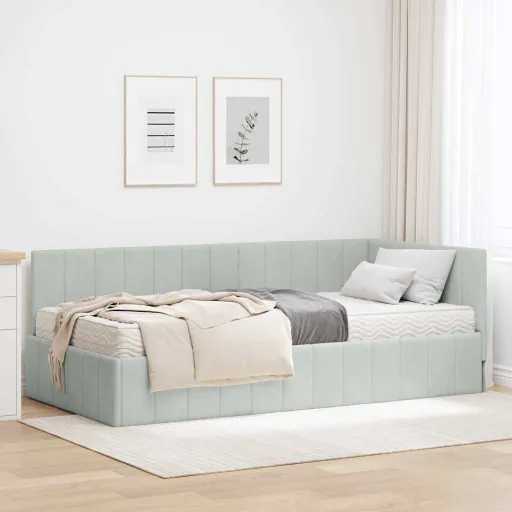 Estrutura de Cama de Canto com Colchão   Cinzento-Claro (2 pcs)