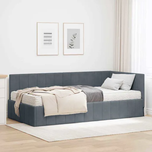 Estrutura de Cama de Canto com Colchão   Cinzeto Veludo (2 pcs)