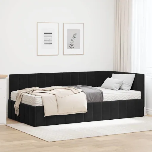 Estrutura de Cama de Canto com Colchão   Preto Veludo (2 pcs)