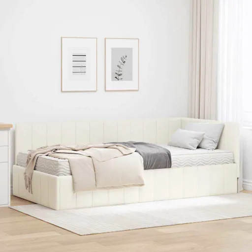 Estrutura de Cama de Canto com Colchão   Creme Veludo (2 pcs)