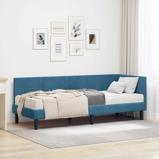 Estrutura de Cama de Canto com Colchão   Azul Veludo (2 pcs)