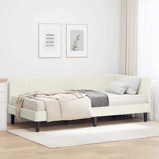 Estrutura de Cama de Canto com Colchão   Creme Veludo (2 pcs)